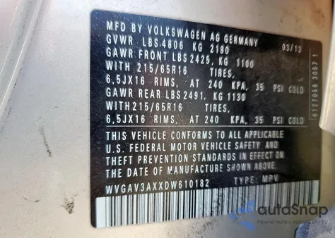 2013 Volkswagen Tiguan S from USA, damaged, VIN WVGAV3AXXDW610182